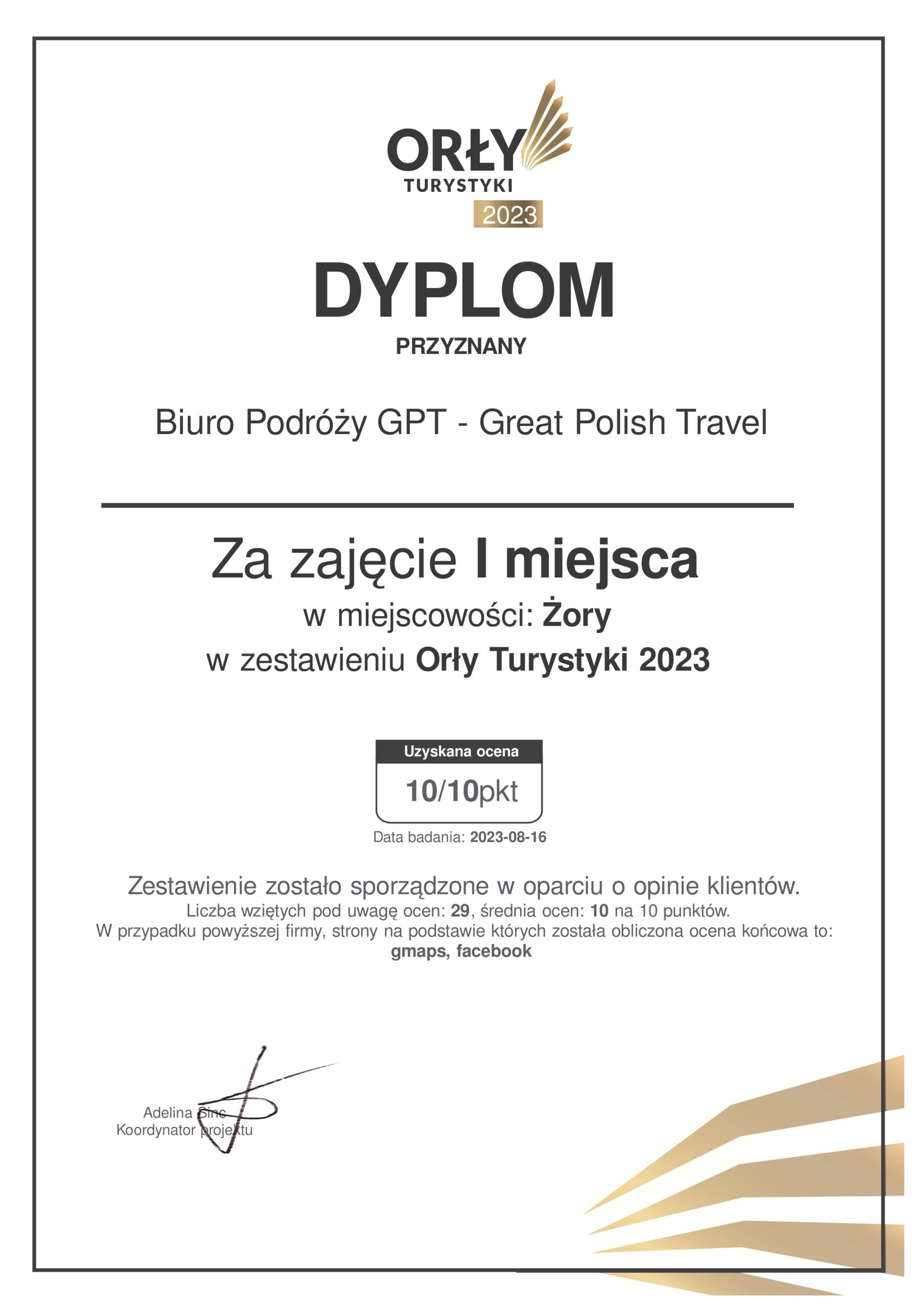 Dyplom Orły Turystyki 2023